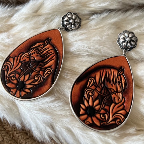Tooled Leather Western Horse Floral Boho Teardrop Earrings - Picture 4 of 4